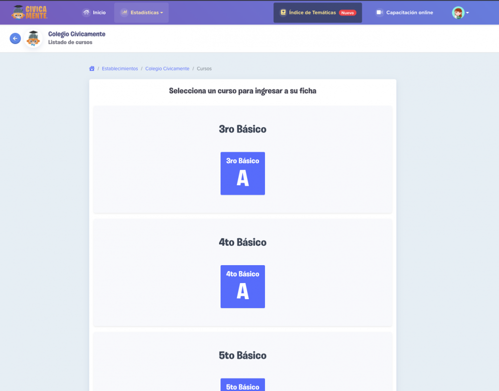 Vista del listado de cursos.